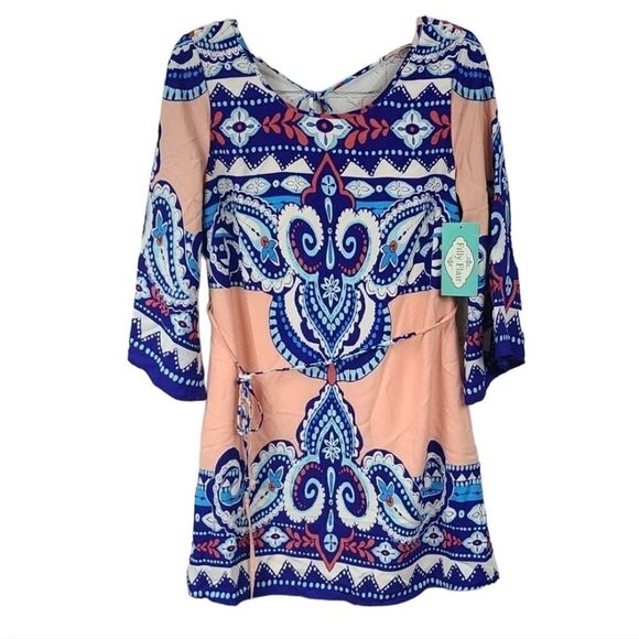 Bohemian NWT Work Dress Peach Blue Boho Printed Flare Sleeve Shift Colorful - Picture 1 of 10